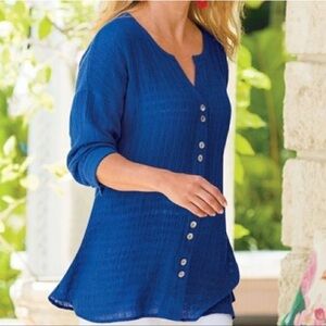 Soft Surroundings Lapis Blue Crinkled‎ Linen Blend Gauze Blouse
